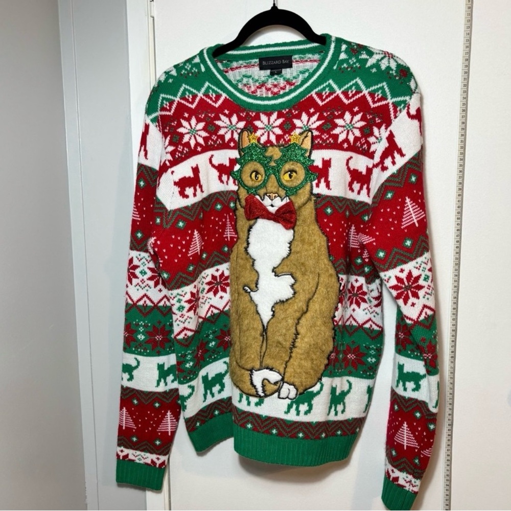 Blizzard Bay Cat Christmas Sweater with 3D Details, Size Large